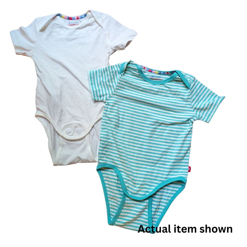 👶 Magnetic Me Organic Cotton Bodysuit 2-Pack 18-24 Months Striped White - Picture 2 of 7